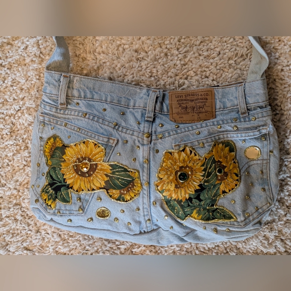 Repurposed Levi Jeans Denim Crossbody/Shoulder Bag Sunflowers - Picture 5 of 8